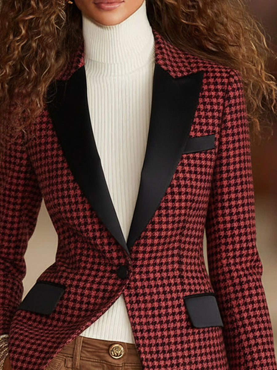 Blazer à carreaux décontracté avec col à revers et bouton unique