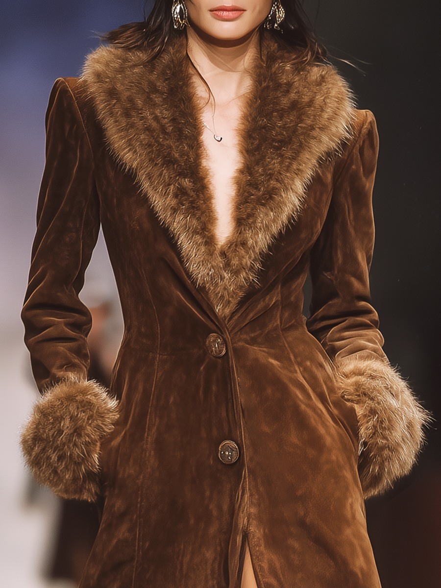 Veste en Suède au Col en Fourrure Synthétique - Élégance Vintage