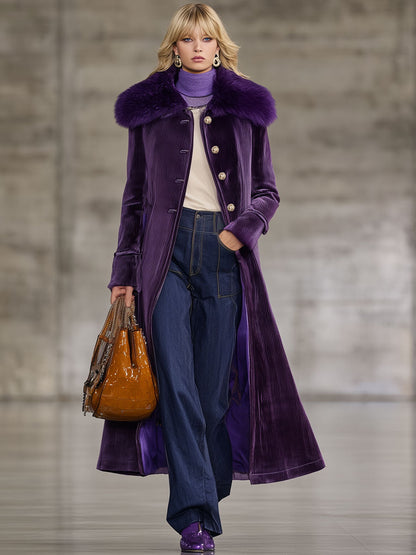 Veste Longue en Velours Côtelé Violet Rétro avec Col en Fourrure Écologique