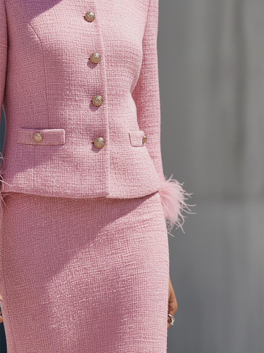 Chic Ensemble en Tweed : Veste à Col Rond et Jupe à Boutonnage Unique