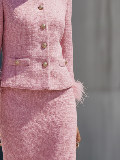 Chic Ensemble en Tweed : Veste à Col Rond et Jupe à Boutonnage Unique