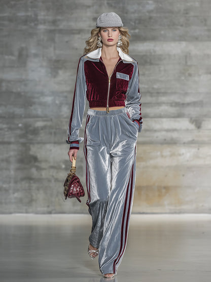 Veste Chic en Velours Bicolore avec Pantalon Ample - Élégance Haut de Gamme