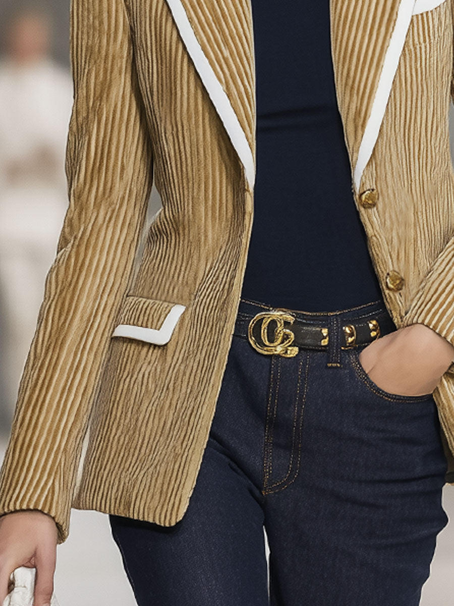 Veste Élégante en Velours Rayé avec Détails Contrastants