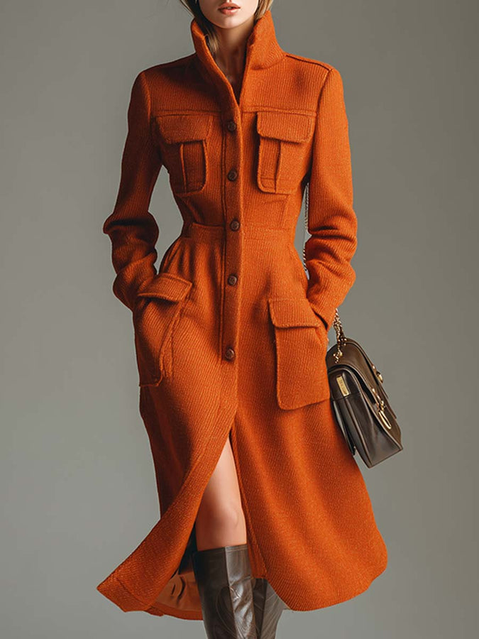 Veste mi-longue urbaine élégante avec col montant et poches orange