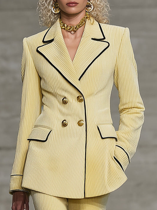 Blazer Croisé en Velours Côtelé avec Revers Contrasté