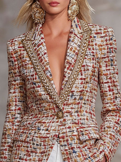 Veste en Tweed Coloré avec Revers Élégants, Détail en Ruban Contrastant et Bouton Unique