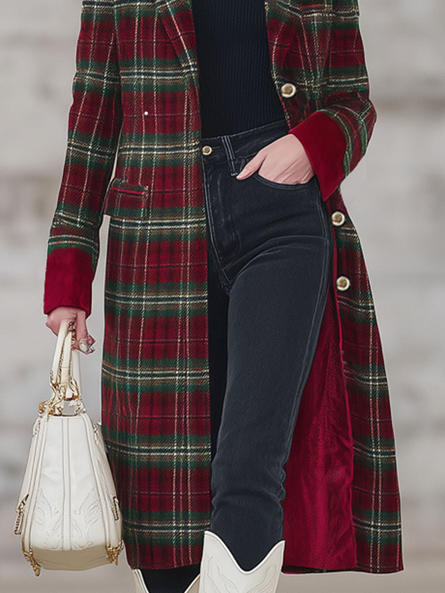 Classique Manteau Tartan Rouge et Vert à Revers avec Boutonnage Simple