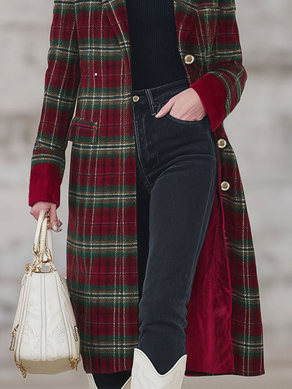 Classique Manteau Tartan Rouge et Vert à Revers avec Boutonnage Simple