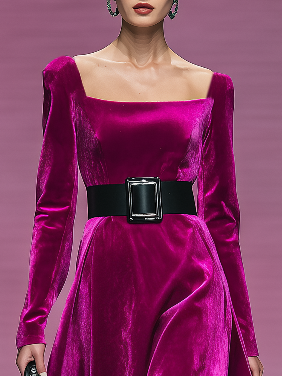 Robe Velours Chic et Séduisante à Encolure Carrée et Manches Longues