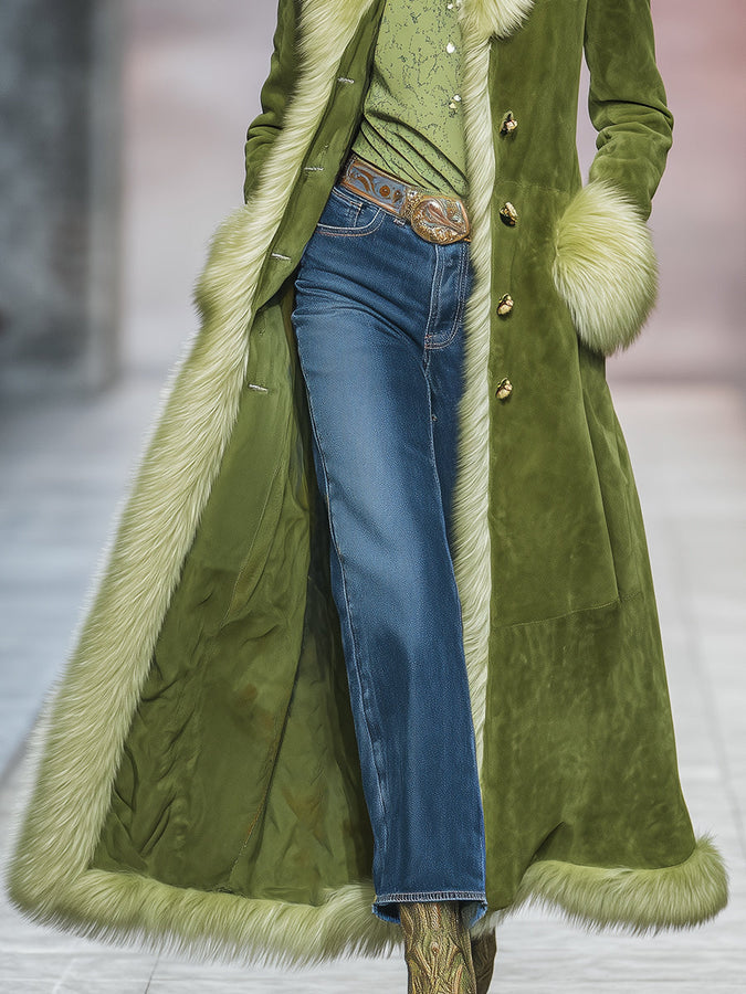 Veste Longue en Suédine Verte avec Éléments de Fourrure Vintage