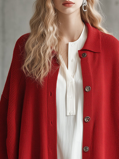 Chic Cardigan Rouge Tricoté avec Revers Élégant