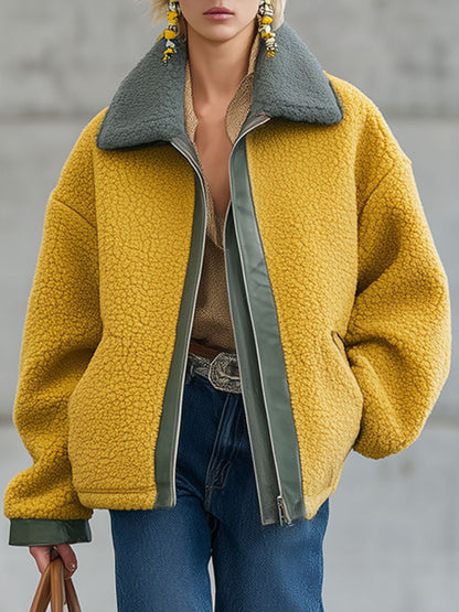 Veste Polaire Jaune Nomade Urbain avec Détails en PU - Style Rétro