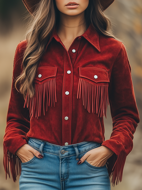 Chemise Cowboy Rouge en Daim à Manches Longues avec Revers et Franges - Expédition Rapide en 24 Heures