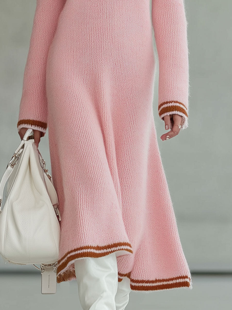 Robe Midi A-Line Tricotée Rose avec Détails Bruns Rétro