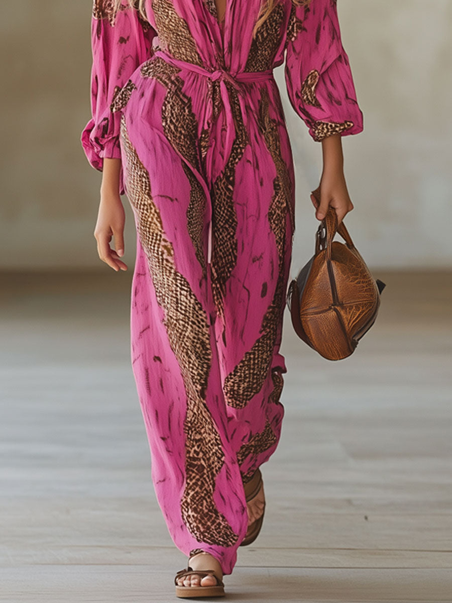 Combinaison Décontractée en Chiffon Léopard Rose et Rouge à Manches Longues