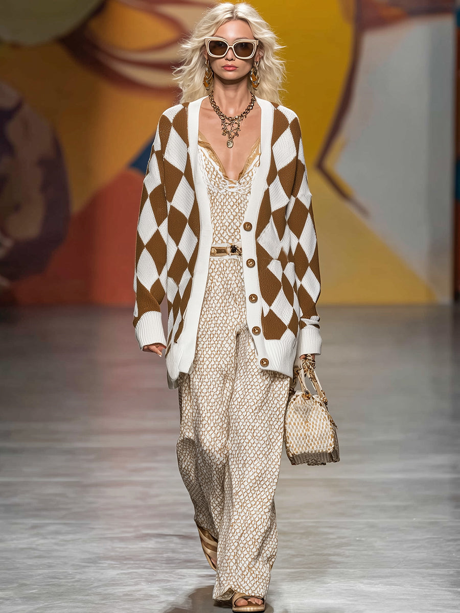 Pull Cardigan Vintage à Motif Diamant en Brown & Blanc