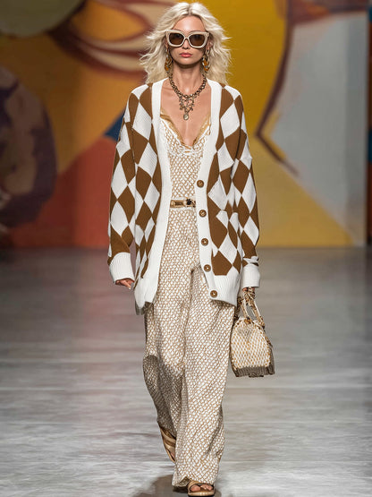 Pull Cardigan Vintage à Motif Diamant en Brown & Blanc