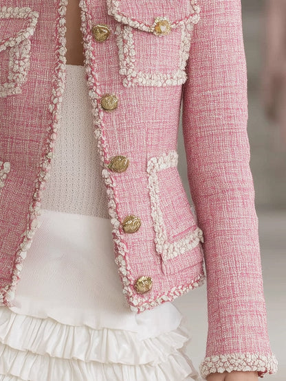Veste Chic en Tweed Rose avec Détails Blancs et Panneaux Élégants