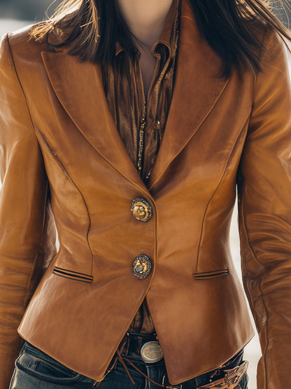Veste Chic en Simili Cuir Marron Style Western