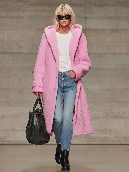 Veste en polaire rose avec capuche, double poches et fermeture à bouton