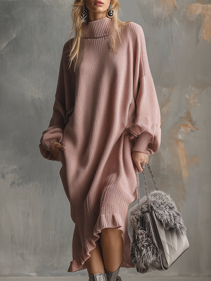 Robe Midi Élégante en Tricot Rose avec Col Montant et Ourlet Volanté