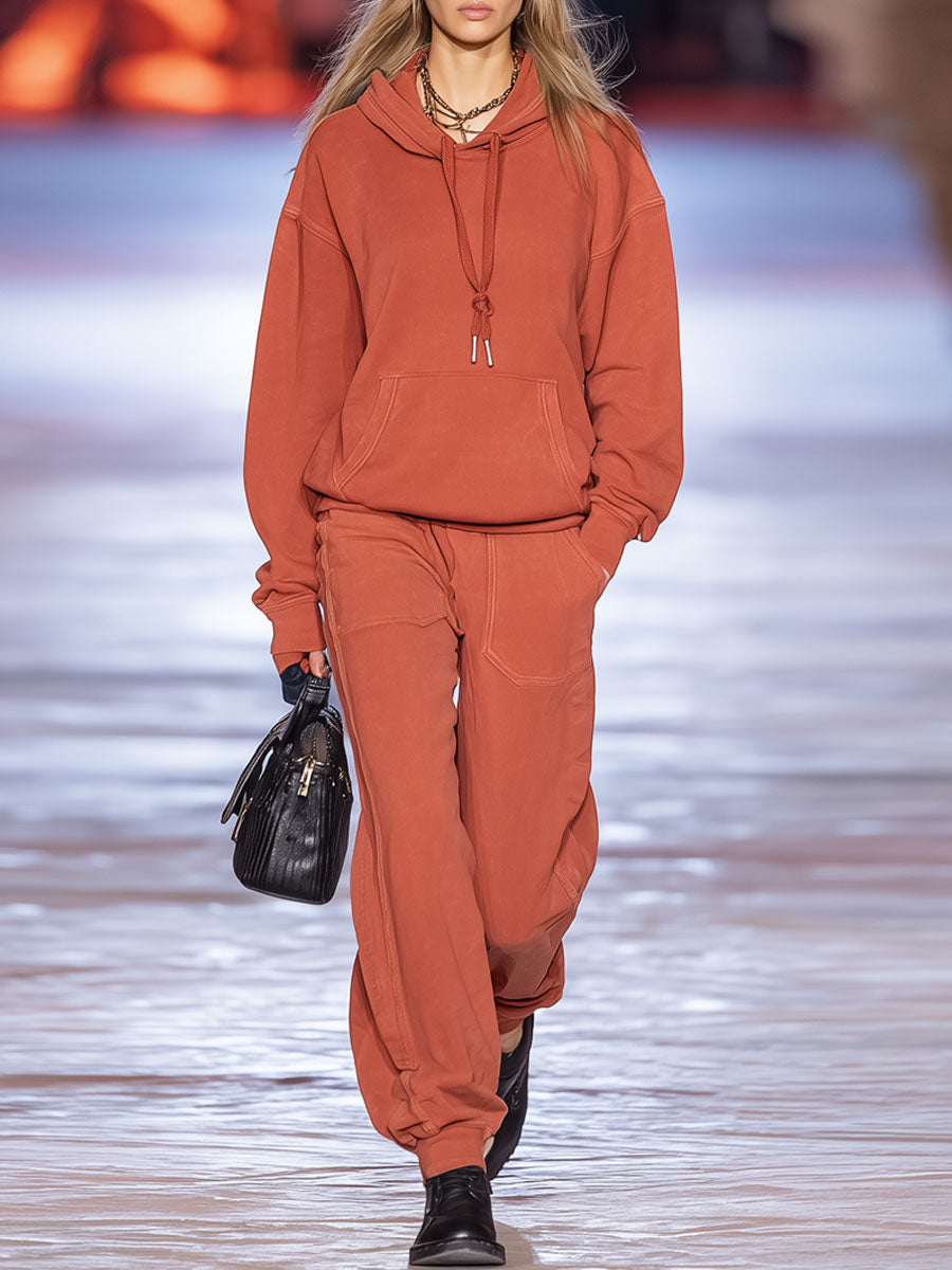 Ensemble Sportif Décontracté : Sweat à Capuche Orange Rétro à Manches Longues
