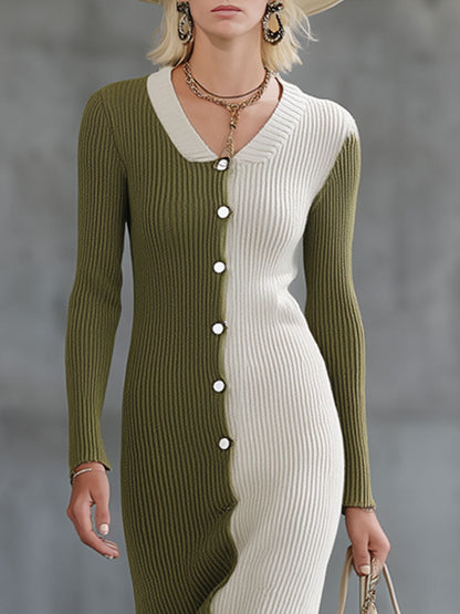 Robe Midi Tricotée Vintage en Laine Vert Mousse et Blanc