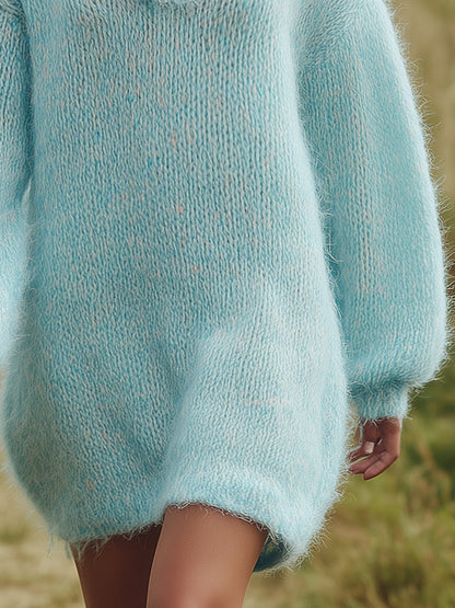 Décontractée Mini Robe Tricotée à Capuche en Bleu Clair