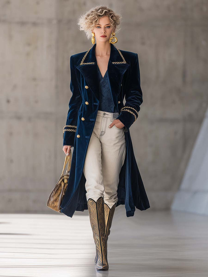 Veste en velours bleu nuit avec col en métal et boutons avant, embellie de touches dorées au style western