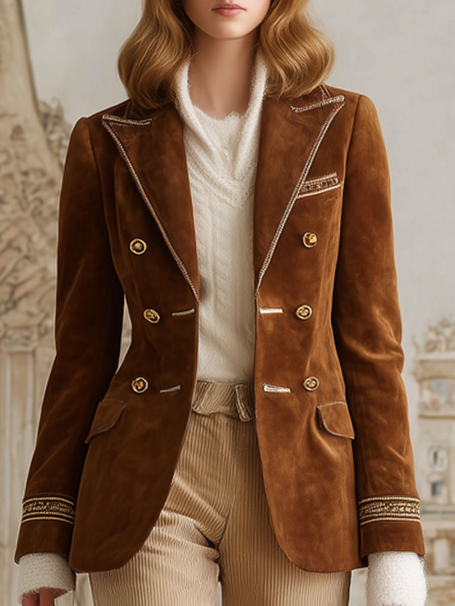 Veste en Suède Synthétique Caramel à Bordure Dorée Vintage