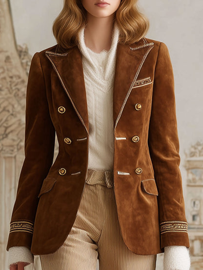 Veste en Suède Synthétique Caramel à Bordure Dorée Vintage