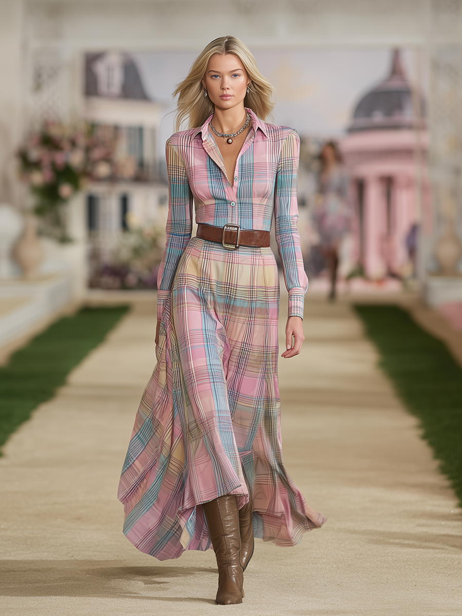 Robe Maxi à Manches Longues à Motif Carreaux Western Vintage