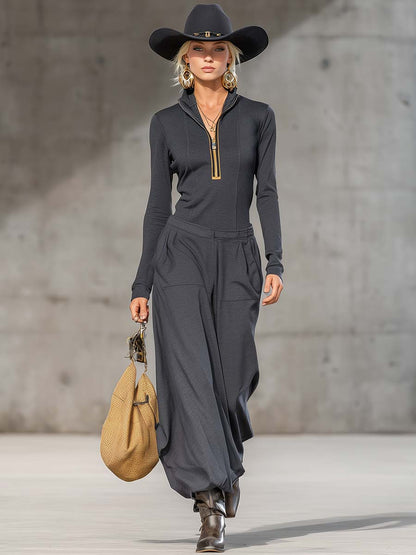 Ensemble Sportif Rétro en Gris Foncé avec Col Mi-Haut, Zip Avant et Pantalons Amples