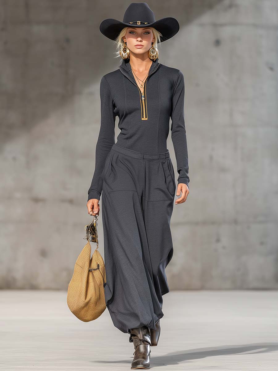 Ensemble Sportif Rétro Décontracté Gris Foncé : Haut Zippé à Col Montant et Pantalons Amples à Manches Longues