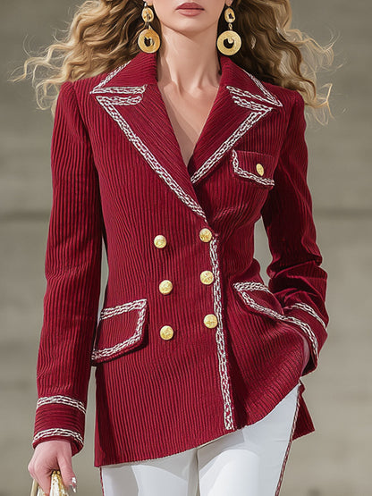 Veste en velours côtelé à col décontracté, double boutonnage et finitions contrastées