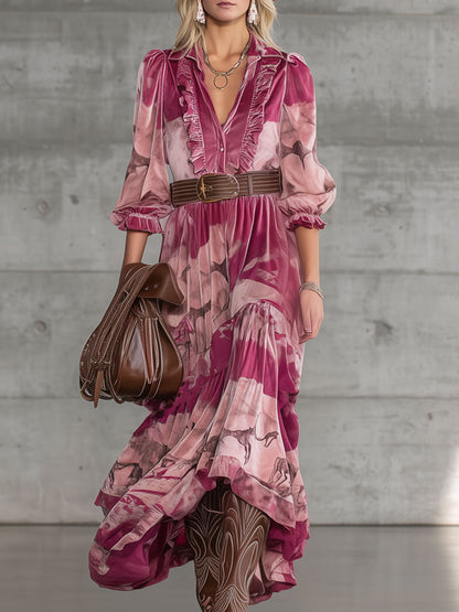 Robe Maxi Velours Rose avec Imprimé Cerf Sika – Élégance Nomade Urbaine Rétro