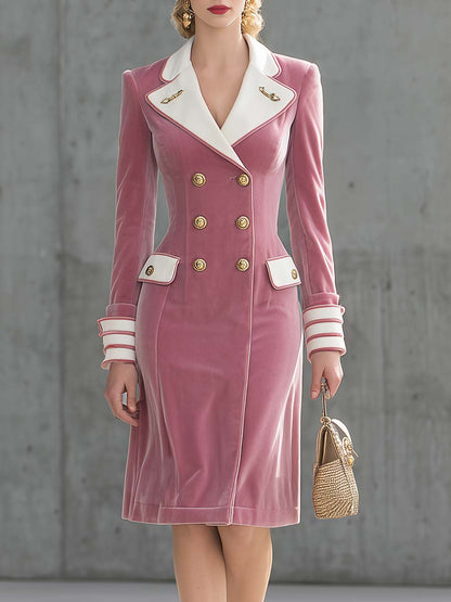 Élégante Robe Midi en Velours Rose Pâle à Double Boutonnage et Revers Contrastés - Vintage Chic