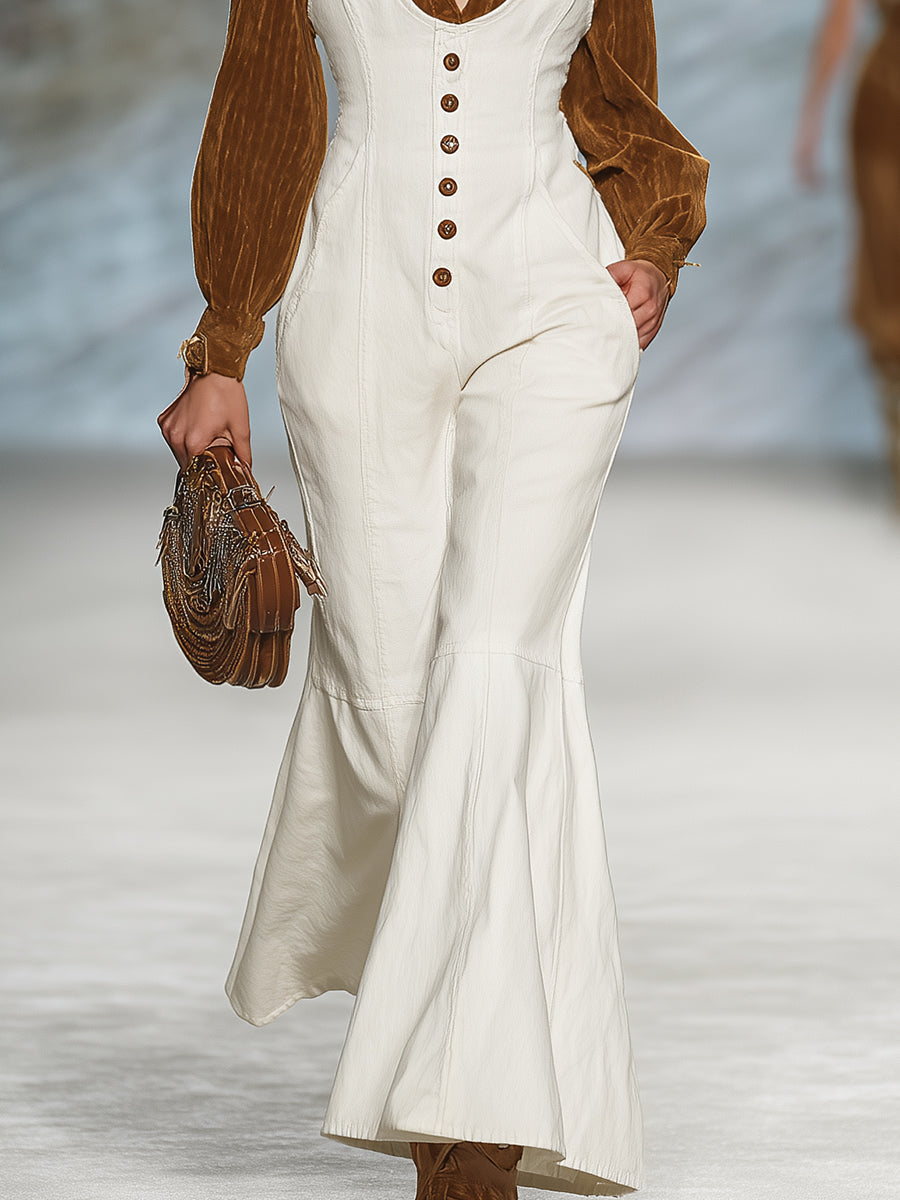 Salopette Blanche avec Éléments de Boutons Vintage Style Western