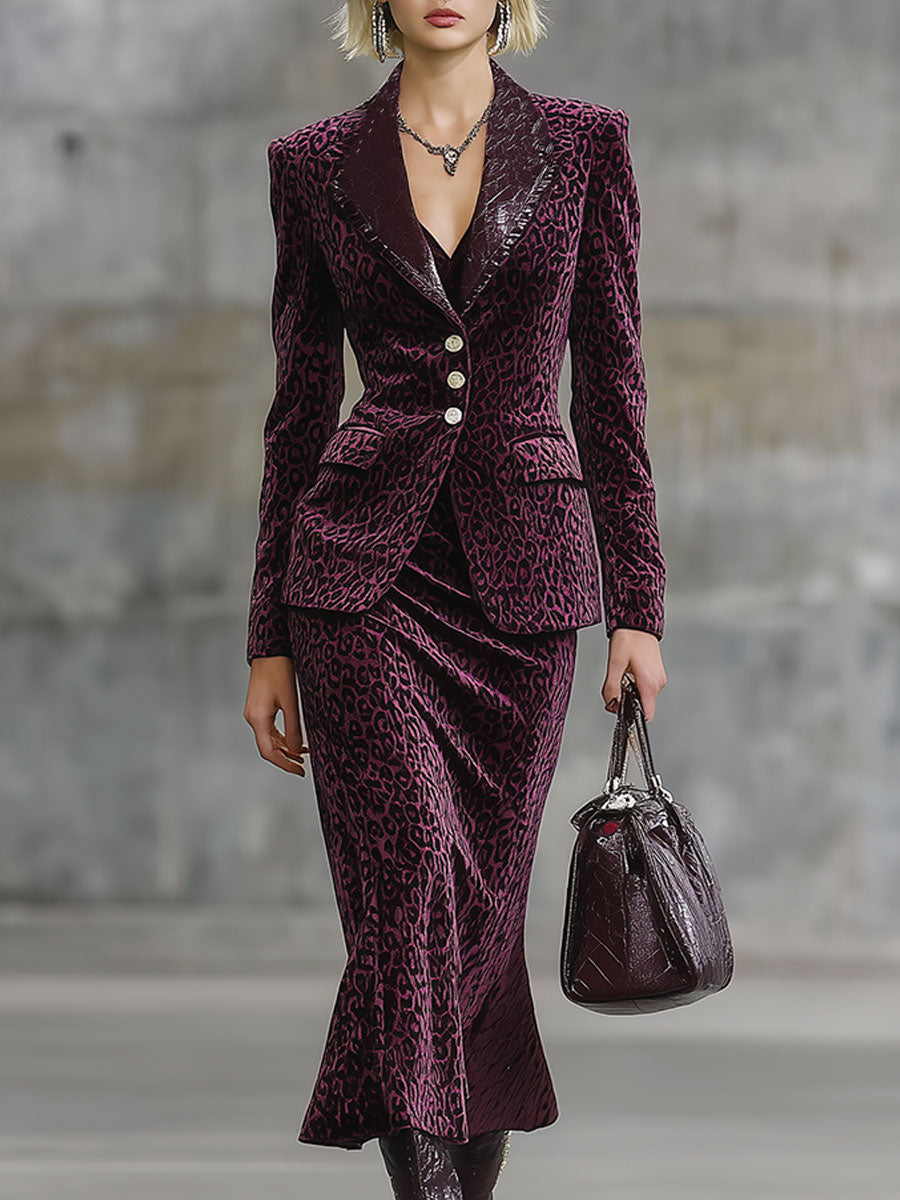 Veste Midi Velours Léopard Violet avec Accents en Simili Cuir