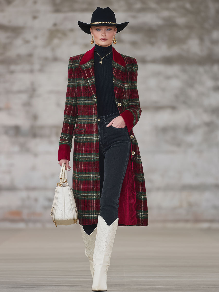 Classique Manteau Tartan Rouge et Vert avec Revers Élégant