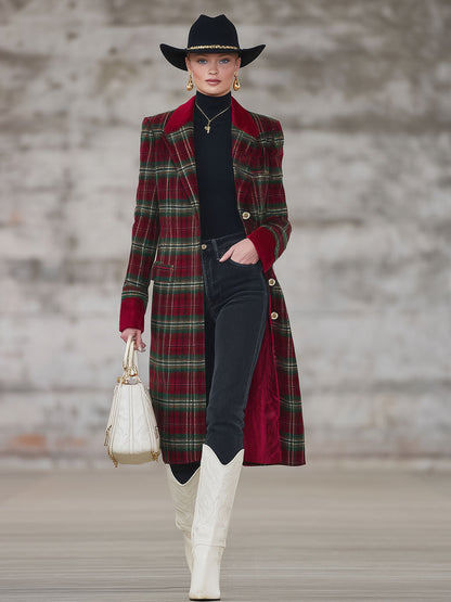 Classique Manteau Tartan Rouge et Vert avec Revers Élégant