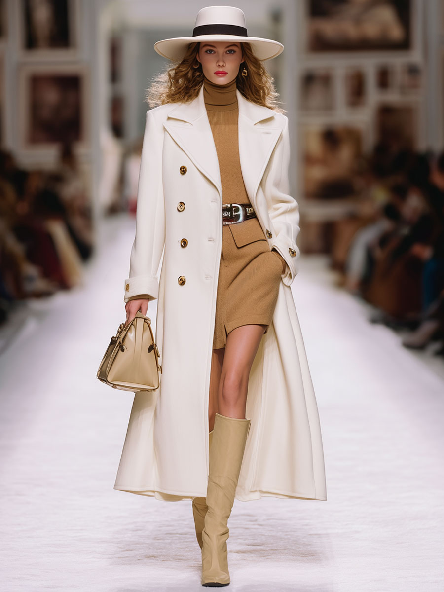 Chic Manteau Long en Laine Blanc : Style Rétro et Confort Ample