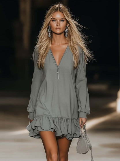 Robe Mini Grise à Manches Longues - V-neck Zippée, Style Décontracté et Ample avec Ourlet Élégant
