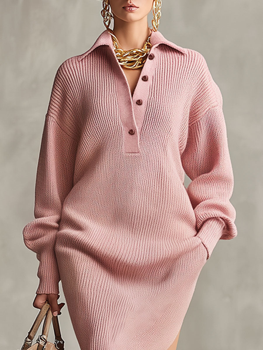 Robe Midi Tricotée avec Col Revers, Mi-Ouvert, Fente Latérale et Poches Pratiques