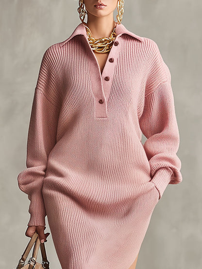 Robe Midi Tricotée avec Col Revers, Mi-Ouvert, Fente Latérale et Poches Pratiques