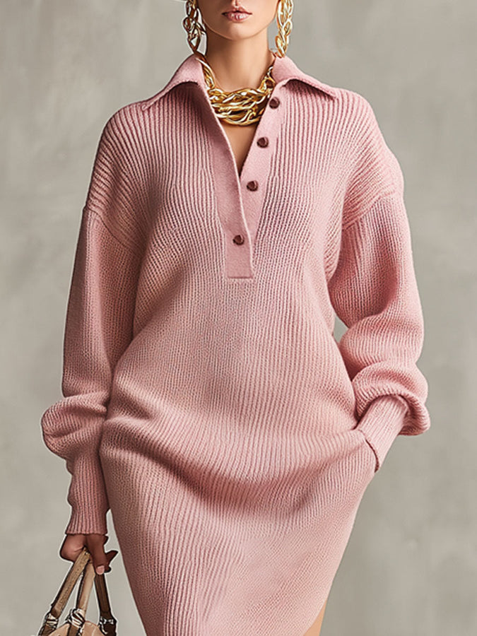 Robe Midi Tricotée avec Col Revers, Mi-Ouvert, Fente Latérale et Poches Pratiques