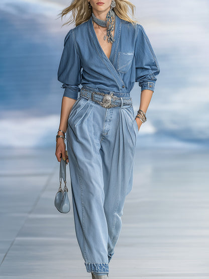 Ensemble Denim Vintage Chic avec Pantalons Amples