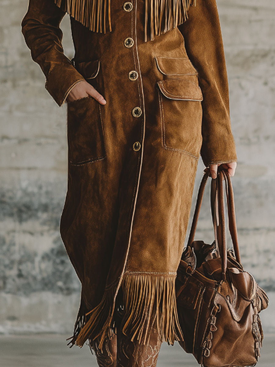Veste en Suède Synthétique avec Col Sherpa et Franges Western