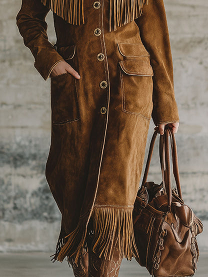 Veste en Suède Synthétique avec Col Sherpa et Franges Western