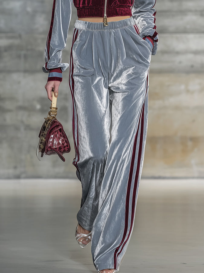 Veste en Velours Chic à Contraste Élégant avec Pantalon à Jambes Larges